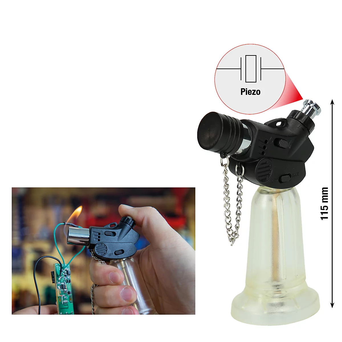 Gasbrenner mit Flamme. Zeichnung eines Piezo-Elements. Rechts: Maßangabe 115 mm. Links: Anwendung am Löten einer Platine.